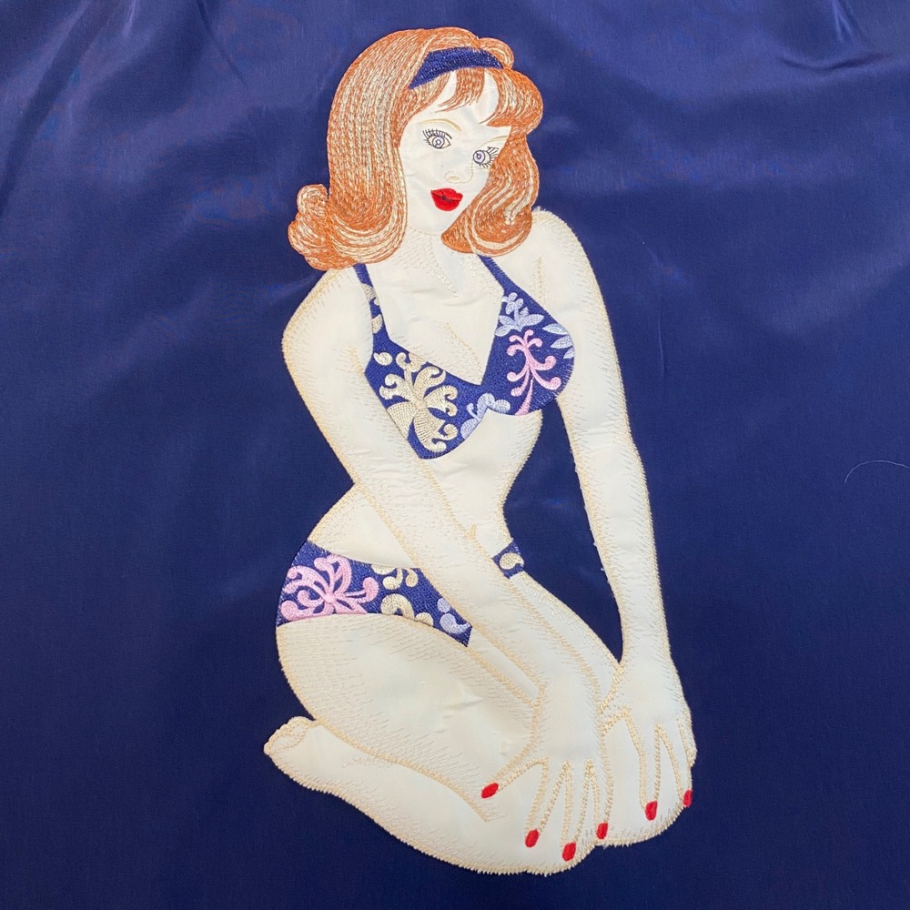 Dragonfly Mens Navy Blue Pin Up Girl Embroidered Bowling Shirt Floral Large - Picture 9 of 9